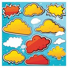 an image of clouds and stars in the sky with speech bubbles above them on a blue background