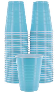 blue plastic cups are stacked on top of each other