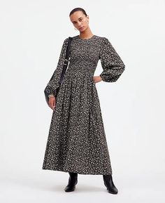 The Melody Long-Sleeve Smocked Midi Dress | Madewell Fall Knee-length Dress With Smocked Bodice, Daywear Midi Dress With Smocked Cuffs, Midi Dress With Smocked Cuffs For Office, Midi Dress With Smocked Cuffs For Work, Midi Dresses With Smocked Bodice For Work, Workwear Dresses With Smocked Bodice, Midi Length, Casual Midi Dress With Elastic Waistband For Fall, Modest Smocked Midi-length Dress, Smocked Midi Dress For Daywear