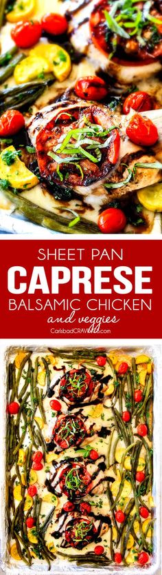 sheet pan caprese salad with balsami chicken and cherry tomatoes is the perfect side dish