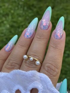 Almond Nails Mermaid, Nail Ideas Mermaid, Gemstone Nails, Magical Nails, Gel Nail Mermaid Design, Mermaid Vibe Nails, Mermaid Blue Nails Acrylic, Mermaid Collection Nails, Manicure Nail Designs