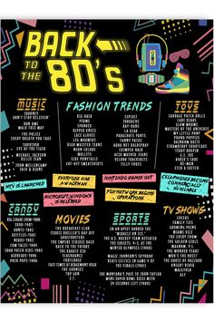 the back to the 80's fashion trend poster is shown on a black background