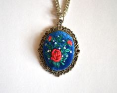 flower pendant red roses gift for wife Nature necklace by TomikArt Roses Gift, Embroidered Pendant, Present For Girlfriend, Trending Christmas Gifts, Inexpensive Jewelry, Romantic Necklace, Pendants Necklaces, Nature Necklace, Retro Earring