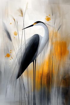 a painting of a bird standing in tall grass with yellow and gray colors behind it