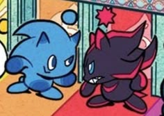 an image of two cartoon cats playing with each other on the floor in front of a mirror