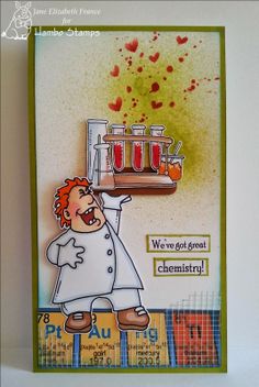 a handmade card with a chef holding a tray of test tubes on top of it