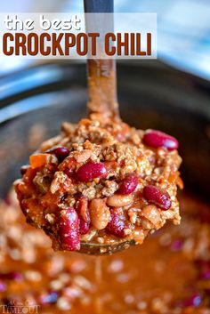 a spoon full of chili and oatmeal in a crock pot with text overlay