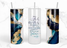 two tumbles with the words she is clothed in blue and gold marble, on a white background