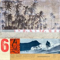 an altered collage of surfers, palm trees and surfboards on newspaper strips