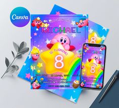 an image of a birthday card with the number eight on it and a phone next to it