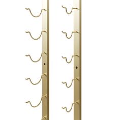 two tall metal wine racks are shown against a white background, one is gold and the other is black