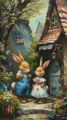 two rabbits are standing in front of a house