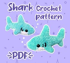 two stuffed sharks with the words shark crochet pattern next to each other on a purple background