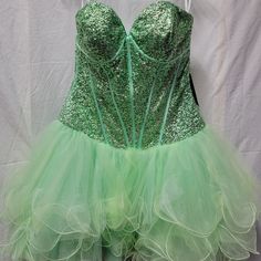 This Is A Beautiful Mint Green Formal Gown. It Is Brand New With Tags. Green Dress With Fitted Bodice For Prom Season, Green Mini Dress With Fitted Bodice For Prom, Green Mini Dress With Sweetheart Neckline For Wedding, Green Sweetheart Neckline Mini Dress For Wedding, Wedding Mini Dress With Sweetheart Neckline In Green, Strapless Green Dress For Homecoming, Green Mini Dress For Wedding And Prom Season, Green Strapless Dress With Fitted Bodice, Green Ruffled Dress For Prom Season