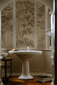 a white pedestal sink sitting in front of a wall with trees painted on the walls