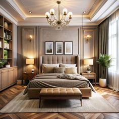 a bedroom with a large bed and lots of lights on the ceiling, along with wooden flooring