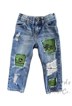 Distressed Kids Jeans Patched with John Deere Fabric Please leave a note to seller if you want minimal rips or multiples. Custom orders offered. Message us for your custom order & we'll create a separate listing. Distress to Jeans will change based on fabric patterns. All jeans are name brand. You can submit specific brand requests, colors and styles and we will do our best to meet them. Sizes 6m - 5t have adjustable waists In order to maintain longevity wash items on a cold delicate cycle a How To Patch Jeans, John Deere Fabric, Laser Cut Steel, Upcycle Clothes Diy, All Jeans, Patched Jeans, Jeans Kids, Boys Jeans, John Deere Tractors