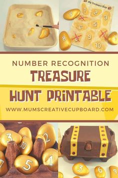 the number recognition treasure hunt printable is shown with chocolate eggs and gold foiled numbers