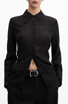 MANGO Swallowtail Collar Button-Up Shirt | Nordstrom Button Down Shirt Collar, Mandarin Collar Shirt Women Black, Tuxedo Shirts For Women, Art Study, Flowy Shirt, Black Button, Up Shirt, Button Up Shirts, Button Up