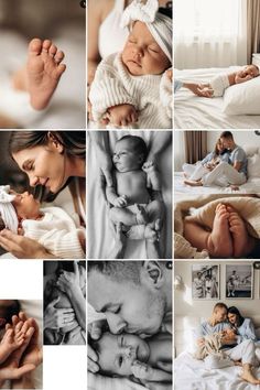 a collage of photos with people and babys in it's hands, on top of a bed