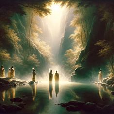 three people standing in the middle of a lake surrounded by trees and rocks, with sunlight streaming through the mountains behind them