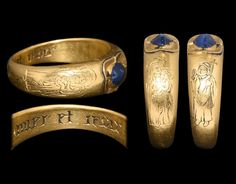 15C gold ring set with a sapphire, shoulders engraved with a Madonna & Child and a priest blesing. The hoop is inscribed "amer et ieoir" [Love and enjoy} -- timelineauctions Dec 2016 sale Medieval Engraved Round Rings, Engraved Medieval Rings, 15th Century Jewelry, Medieval Historical Design Gold Jewelry, Ancient Gold Collectible Rings, Medieval Collectible Pendant Jewelry, Medieval Ring, Byzantine Gold, Byzantine Jewelry