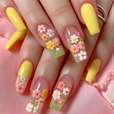 #nail #nailart #nails #beauty #explore  #fyp #viralnails #fuzzyfables Multi Colored Flower Nails, Nail Flowers Design, Nails Design Yellow, Yellow Nail, Art Deco Nails, Spring Acrylic Nails, Finger Nail Art, Pretty Nail Art Designs, Floral Nail Art