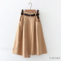 Lasaky - Chic High-Waisted Irregular Midi Skirt with Pockets in Four Solid Colors Midi Skirt Fall, Belted Midi Skirt, Midi Skirt With Pockets, Bohemian Skirt, Khaki Skirt, Party Rock, Long Skirts For Women, Sport Chic, Mid Length Skirts