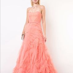 Marchesa Notte Coral Tulle Draped Bodice Gown Color: Coral Strapless Textured Tulle A-Line Skirting Draped Corset Bodice Resort 2019 Collection Evening Dress Pink Tulle Skirt Gown For Gala, Pink Tulle Evening Dress For Gala, Elegant Pink Tulle Gown, Formal Pink Tulle Evening Dress, Pink Wedding Dress With Fitted Bodice For Gala, Pre-draped Pink Gown For Gala, Pink Evening Dress With Pleated Bodice For Wedding, Pink Pre-draped Gown With Ruched Bodice, Pink Pleated Bodice Evening Dress For Wedding