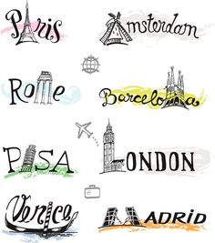 the different types of travel stickers are shown in this drawing style, including london, paris, barcelona, and venice