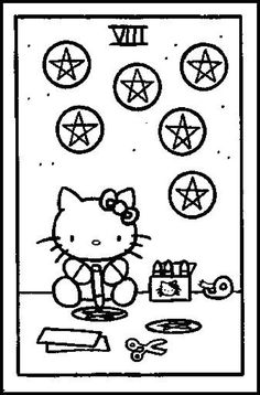 a hello kitty coloring page with pen and ink on paper, which has the number four