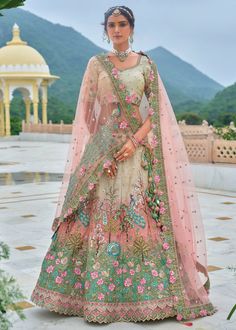 Pista Green and peach Viscose Tissue Lehenga Choli with Embroidery Wor – Ethnos Blouse Design Wedding, Lehenga Blouse Design, Embroidery Lehenga, Bridesmaid Lehenga, Teal Ombre, Lehenga Online, Lehenga Style, Net Lehenga, Embroidered Lehenga