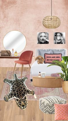 a bedroom with pink walls, leopard print rugs and pictures hanging on the wall