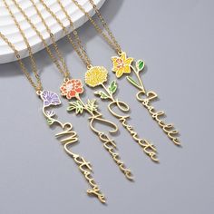 ❀Birth Flower Name Necklace❀ •Starting under $40 this week only! •Buy Now Pay Later with interest free installment payment options! Just select the provider of your choice at checkout! Embrace personalized elegance with our “Enamel Birth Flower Name Necklace”! Luxuriously PVD coated thrice in real 18k gold, this stunning piece beautifully showcases your name in intricate cursive script. Elevate its charm further with the inclusion of your birth month flower in vivid, colorful enamel atop the pen Necklace For Bridesmaids, Engagement Details, Name Necklaces, Flower Names, Custom Charms, Month Flowers, Birth Month Flowers, Custom Name Necklace, Birth Flower