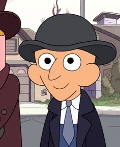 two men in suits and hats standing next to each other on a street with houses behind them