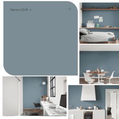 the interior of a bedroom with blue walls and white furniture in different stages of being painted