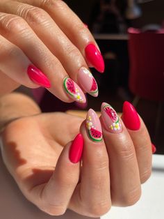 Watermelon Short Nails, Fruits On Nails, Nail Art Watermelon, Fun Nail Art Summer, Fruit Salad Nails, Nails With Fruit Design, Yalda Nail, Fruit Themed Nails, Watermelon Nails Design