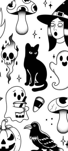 black and white halloween cliparts with cats, skulls, witches, pumpkins