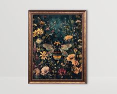 a painting of a bee surrounded by flowers