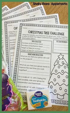 three christmas tree challenge worksheets on a wooden table with candy and candies