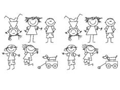 a drawing of children with different poses and haircuts, all holding their hands together