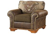 a brown leather chair with a deer head on it's back and studded arms