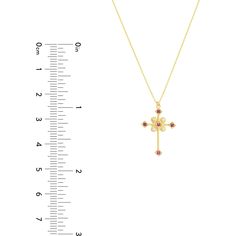 Turn heads with the undeniable charm of the captivating allure of our Diamond and Ruby Cross Necklace by Olas d'Oro. This exquisite piece is more than just jewelry; it's a symbol of your unwavering faith and a testament to your impeccable taste. Crafted with precision and passion, this 14K white gold necklace boasts a stunning 2-inch adjustable cross pendant adorned with 2 points of dazzling diamonds and 8 points of radiant rubies.As you wear this masterpiece, you'll find inspiration in the deta Yellow Gold Cross Pendant Necklace With Gemstone, Gold Necklace With Gemstone Cross Pendant, Gold Necklaces With Gemstone Cross Pendant, Elegant Cross Necklace With Charms, Unwavering Faith, Ruby Birthstone, White Gold Necklace, Diamond Birthstone, White Gold Necklaces