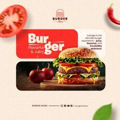 the burger flyer is designed to look like it has been cut in half and ready to be eaten