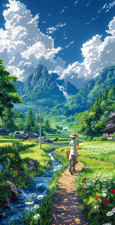 a woman riding a bike down a dirt road next to a lush green forest filled with flowers