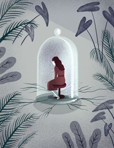 an illustration of a woman sitting in a glass case surrounded by plants and foliages