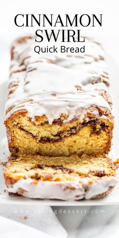 cinnamon swirl quick bread on a white plate with the title text overlay reads, cinnamon swirl quick bread