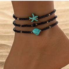 Very Pretty Black Tiny Beads With Gold In Between. Turquoise Stone And Starfish Ankle Bracelet New In Package Ankle Bracelet Ideas, Blue Beaded Starfish Anklet, Black Beads Summer Beach Jewelry, Summer Beach Jewelry With Black Beads, Black Beaded Jewelry For The Beach, Turquoise Anklets With Starfish Charm For Beach, Black Beaded Bracelets For The Beach, Black Beaded Bracelets For Summer Gifts, Bohemian Beaded Bracelets With Black Beads For Beach