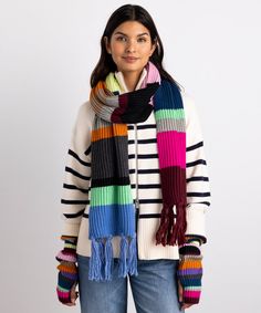 Add some color and fun to your winter style with the Superfine Stripe Scarf. The bright stripes and tassels are statement-making, and bring a smile to a cold winter day. Dimensions: 10 in. x 72 in.Materials: 55% recycled polyester, 40% nylon, 5% woolMade in: China Garter Stitch Scarf, Stripe Scarf, Bright Stripes, Colorful Scarf, Striped Scarves, Beach Home, Garter Stitch, Silk Scarves, Winter Style