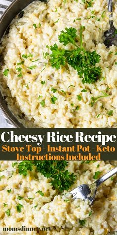 cheesy rice recipe in a pan with a spoon and parsley on top